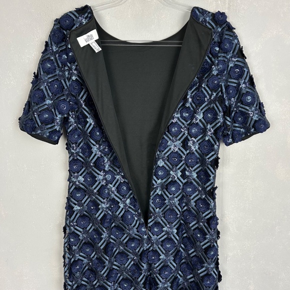 Badgley Mischka size 12 sheath dress navy textured floral sequin short sleeve - Picture 7 of 11